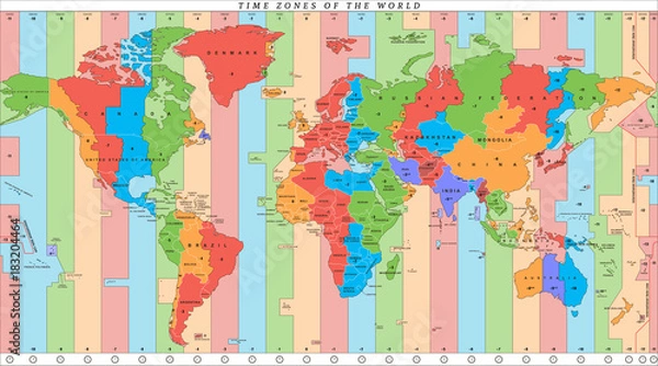 Obraz Wektor szczegółowa mapa świata ze strefami czasowymi i krajami
