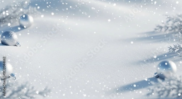 Obraz Minimalist Snowy Christmas Background with Silver Baubles and Soft Falling Snowflakes