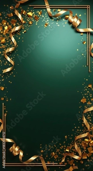 Obraz Festive Green and Gold New Year Background with Ribbons and Confetti Frame