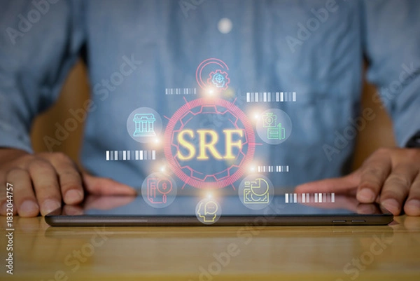 Fototapeta SRF digital system interface with financial icons displayed above a tablet, representing online finance, data management, and modern technology.