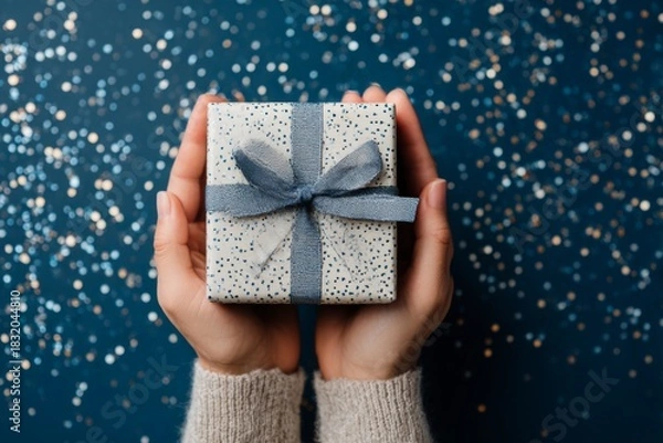Fototapeta Woman hands holding an elegant present gift box with a grey ribbon over a navy blue background sprinkled with confetti, suitable for a Father Day