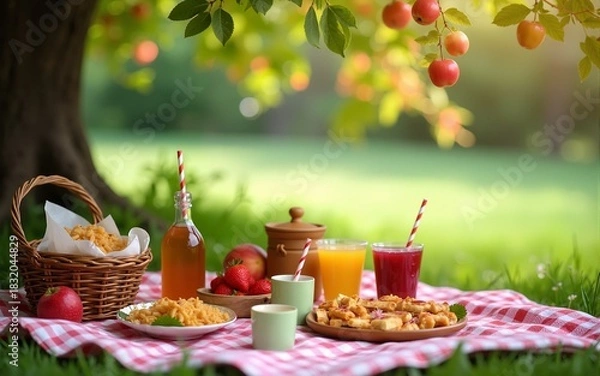 Fototapeta Colorful Picnic Setup Under Apple Tree with Delicious Food and Drinks. High quality