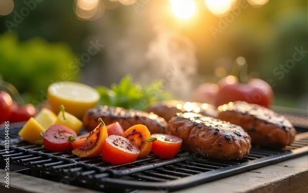 Fototapeta Summer backyard barbecues - Generative AI. High quality. High quality