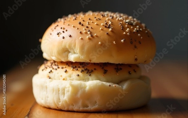 Fototapeta Gluten-free burger buns stacked on wooden surface warm light close-up highlighting texture and color. High quality