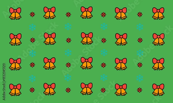 Fototapeta Christmas Bells Pattern with Cute Outline Icons on Green Background