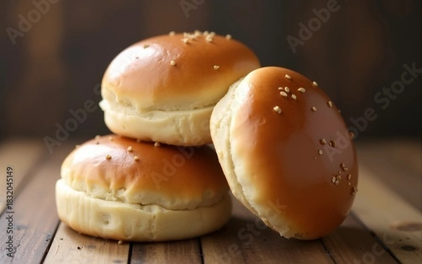 Fototapeta Gluten-free burger buns stacked on wooden surface warm light close-up highlighting texture and color. High quality