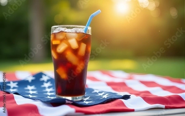 Fototapeta Refreshing iced cola rests on a picnic table adorned with an American flag napkin, capturing the essence of a summer 4th of July celebration with vibrant colors and joyful ambiance. High quality