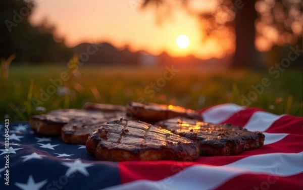 Fototapeta Sunset Fourth of July Picnic Grilled Steaks on American Flag Picnic Blanket with Fireworks Display. High quality