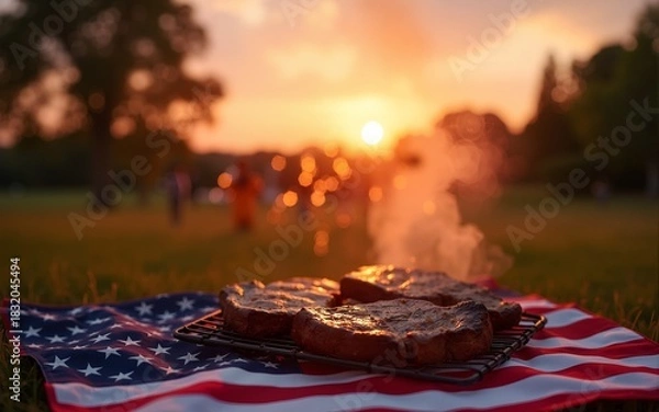 Fototapeta Sunset Fourth of July Picnic Grilled Steaks on American Flag Picnic Blanket with Fireworks Display. High quality