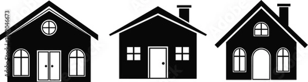 Obraz Silhouetted Residential Architecture Featuring Three Distinct House Designs with Varied Rooflines, Window Shapes, Door Styles, and Chimney Placemen