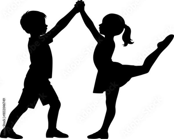Fototapeta Child Skaters Beginner Lift Silhouette Vector, Minimal Black Figure Skating Kids Teamwork Pose for Training and Practice, Isolated on White Background