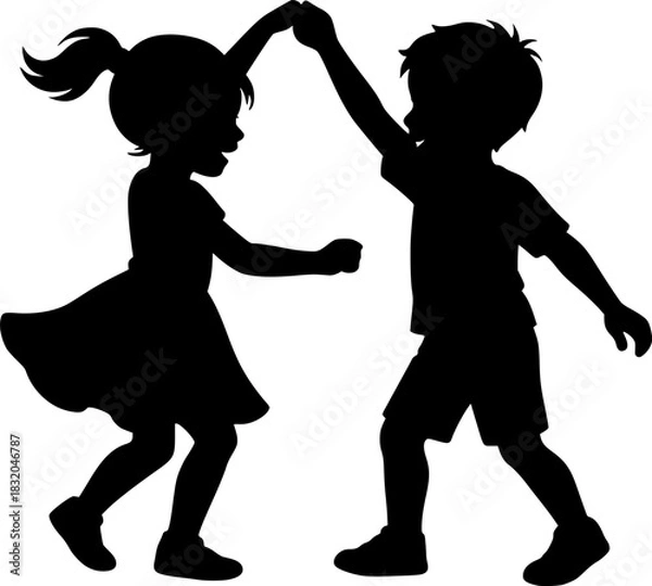 Fototapeta Two Children Practicing Spin Silhouette Vector, Minimal Black Figure Skating Kids Teamwork Pose for Beginner Training, Isolated on White Background
