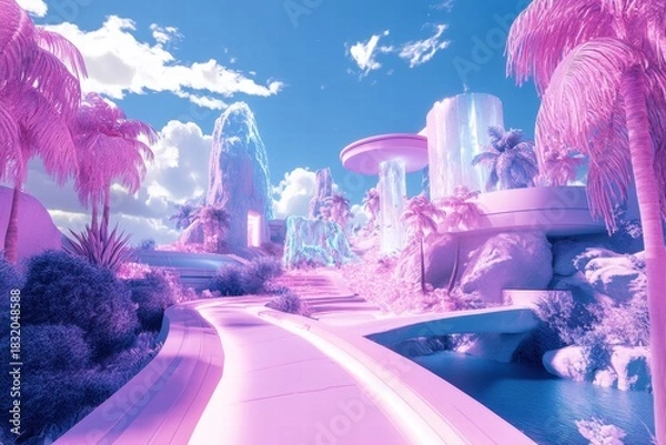 Fototapeta Fantasy tropical road with glowing pink palm trees