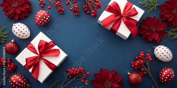 Fototapeta Elegant Christmas gifts with red ribbons, berries, ornaments and flowers on a dark blue background create a festive and cheerful holiday atmosphere