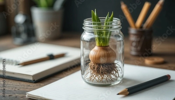 Fototapeta Macro shot of a sprouting daffodil bulb in a transparent jar showing roots and green shoots