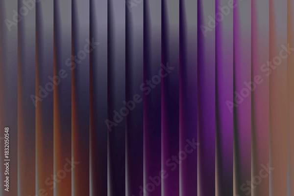 Fototapeta Modern geometric background featuring a dynamic array of 3D vertical lines with a smooth, moody color gradient from orange to deep purple