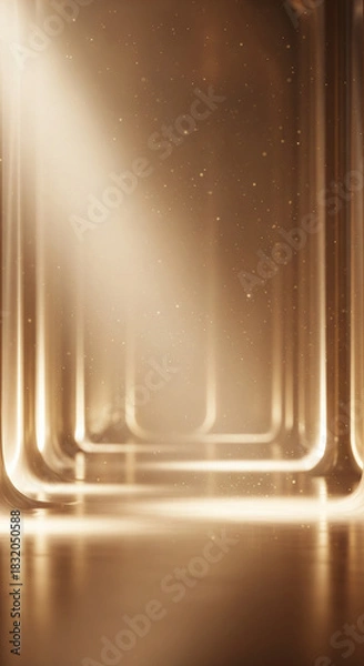 Fototapeta Vertical abstract golden tunnel background with soft light beams and floating particles. Luxurious 3D render corridor with reflective floor for stories or product presentation