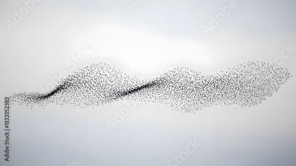 Fototapeta Murmuration of Starling Birds Forming Wave Shape in Sky