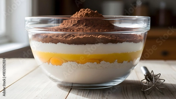 Fototapeta Glass Bowl with Layered Flour Eggs and Cocoa Powder