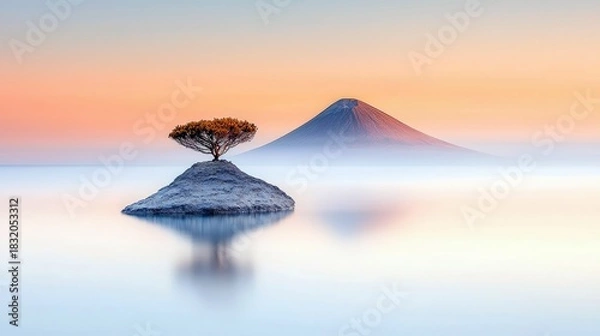 Obraz A small tree grows on a rock island in a calm lake with a mountain in the background, all under a colorful sunset sky.