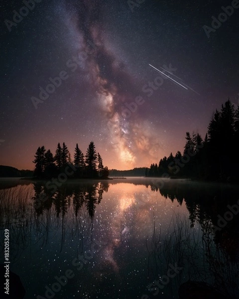 Fototapeta Starry night sky with Milky Way reflected perfectly on calm lake surrounded by pine trees
