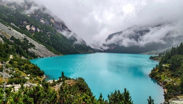 Obraz A scenic landscape featuring a turquoise lake nestled between mountains, shrouded in clouds, creating a dramatic and serene atmosphere.