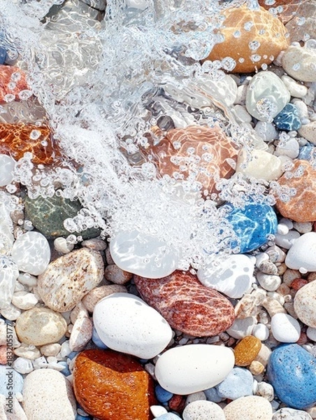 Obraz Close-up of water splashing over colorful pebbles on a beach. The water is clear, and the pebbles are smooth and varied in color. The scene is bright and sunny.
