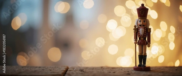 Fototapeta Wooden nutcracker toy with glowing warm light as backdrop on table, nutcracker soldier stands upright. Glowing warm light enhances festive and cozy seasonal decoration.