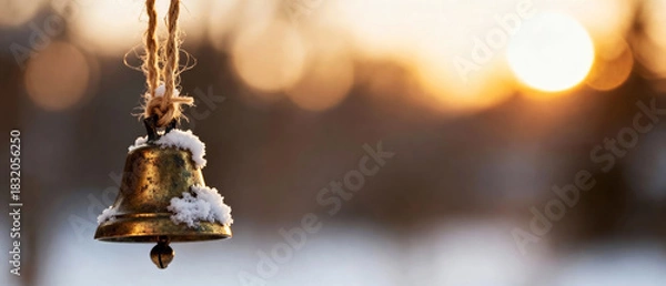Fototapeta Snow-covered jingle bell hangs gently from rustic rope, adding festive charm to wintry scene. Jingle bell is sprinkled with fresh snow, sunlight streams through background. Evokes holiday cheer..