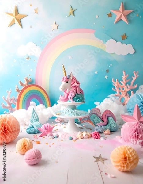 Obraz Magical Unicorn Birthday Cake with Rainbow and Stars Backdrop.