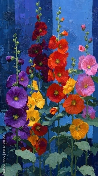 Fototapeta Vibrant Hollyhock Flowers in Full Bloom Against a Textured Blue Backdrop