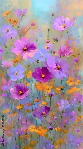 Fototapeta Delicate floral garden of cosmos flowers with soft colors and light background