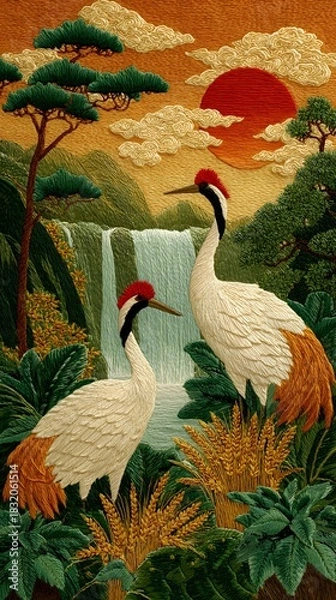 Fototapeta Elegant embroidered cranes with waterfall and rising sun nature scene