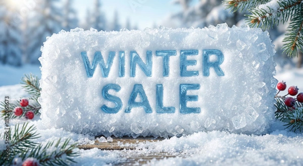Fototapeta Compacted white snow block with engraved blue text WINTER SALE. Seasonal holiday promotion 3D render with frost texture and pine branches