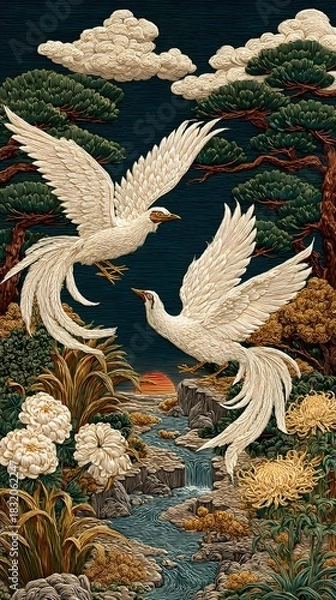 Fototapeta Elegant white phoenixes soaring over a flowing river with a sunset backdrop