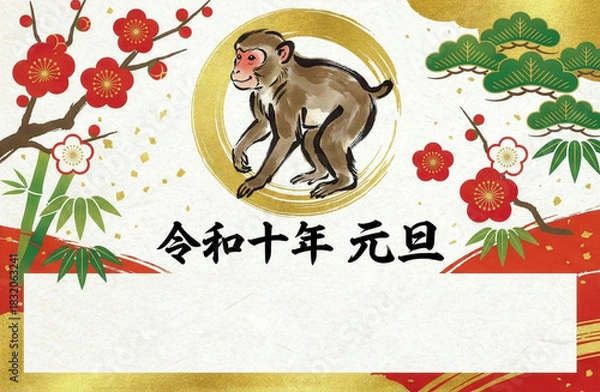 Obraz 令和十年申年を彩る和風猿イラストの年賀状デザイン