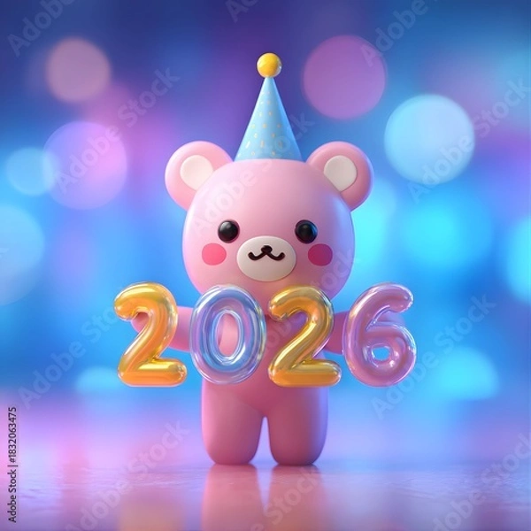 Obraz Happy New Year 2026: Adorable White Bear Character with Party Hat and Bokeh Background
