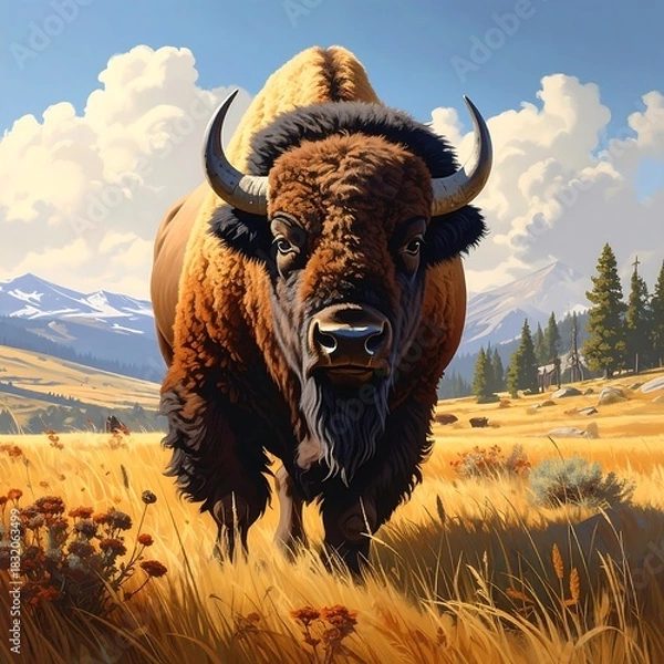 Obraz Majestic Bison Portrait in Golden Field, Wyoming Landscape.