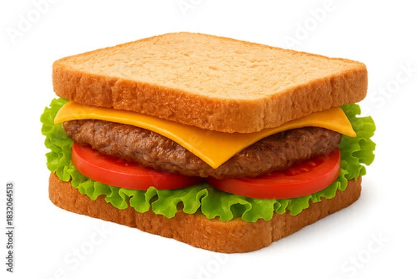 Fototapeta Realistic toasted beef sandwich with cheese and fresh vegetables isolated on transparent background for food layouts, Hearty beef patty sandwich on toasted bread with cheese and veggies, PNG