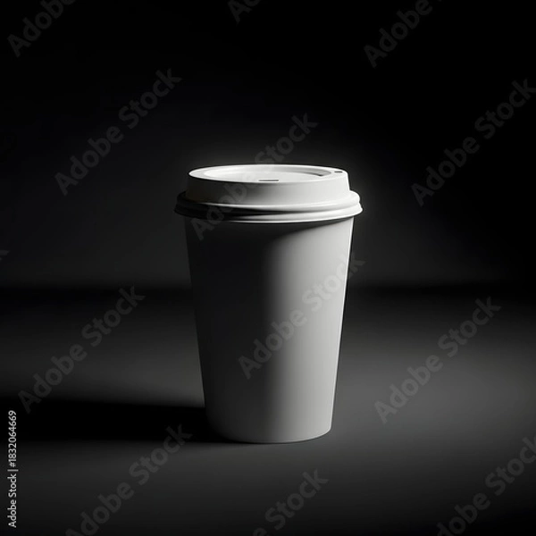 Fototapeta A clean, minimalist photo of a white disposable coffee cup with a lid on a dark, moody background