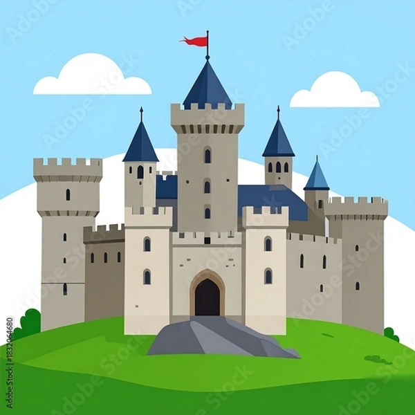 Obraz Majestic Castle Illustration with Towers, Walls, and Green Hill.