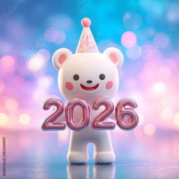 Obraz Cute 3D Polar Bear Mascot Holding Shiny 2026 Balloons for New Year Celebration 