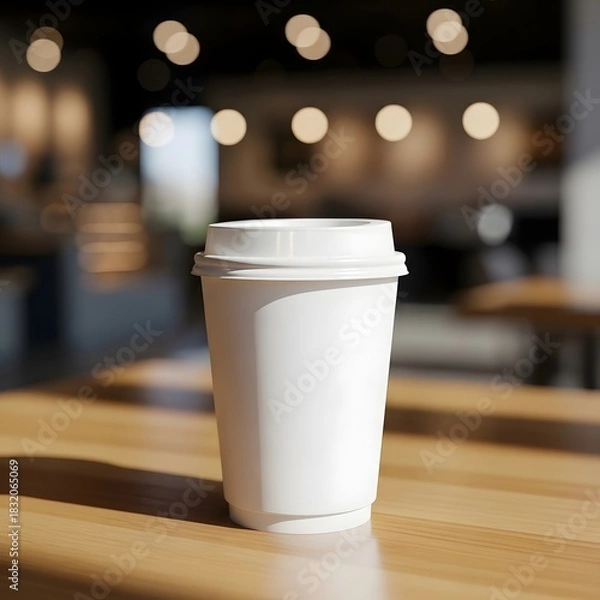 Fototapeta Close-up of a blank white disposable coffee cup with a lid, ready for branding or design, resting on a warm wooden table in a cafe setting with blurred bokeh lights