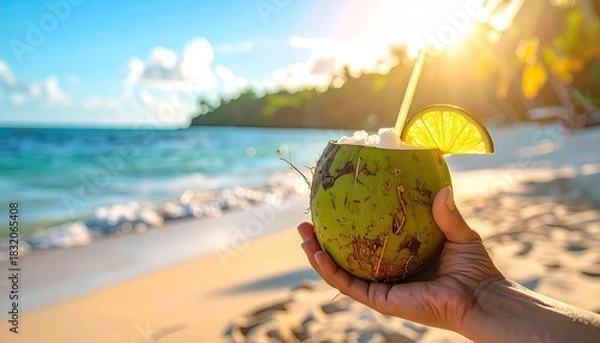 Obraz Hand holding a fresh green coconut drink with lime slice and straw on a sandy beach during a golden sunrise with palm trees in the background and ocean waves rolling in