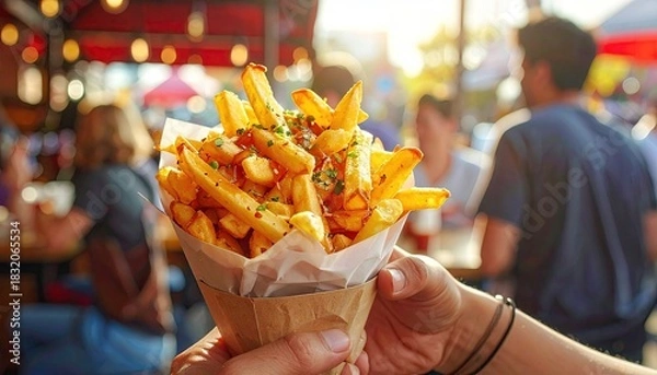 Obraz Hand holding a paper cone filled with golden french fries seasoned with herbs and spices with a blurred background of a bustling outdoor market during golden hour