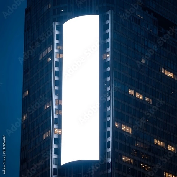 Fototapeta Modern Building with Illuminated Billboard Mockup for Advertising
