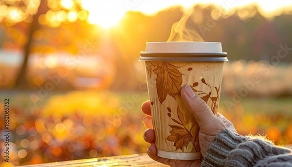 Obraz Hand holding a steaming cup of coffee outdoors during a vibrant autumn sunset with golden light filtering through the trees illuminating colorful fall foliage
