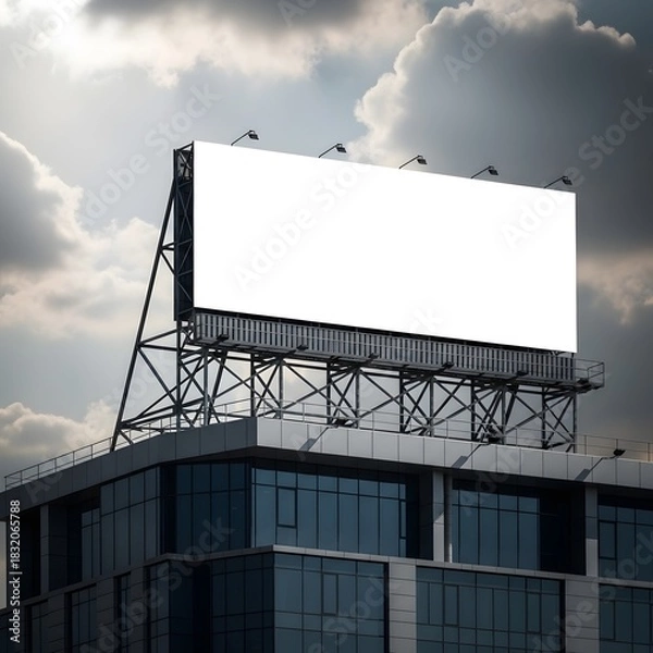 Fototapeta Blank Billboard Mockup on Building Rooftop Against Cloudy Sky