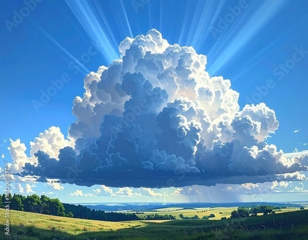 Fototapeta Majestic Cloudscape - Sunbeams Illuminating a Summer Landscape.