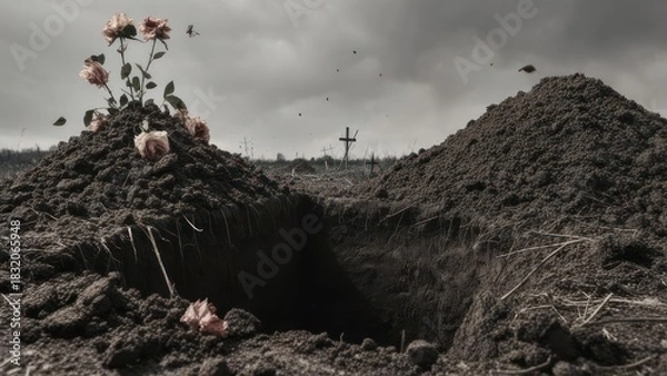 Obraz Empty grave with flowers